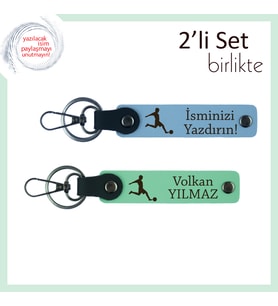 Erkek Sevgiliye Tarz Sahibi Futbol Hediyesi, Yazı Eklenebilir Deri Anahtarlık, Gök Mavi-Açık Yeşil