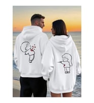 Sevgili Çift Kombin Hoodie 2’li Set–Unisex Oversize Kapüşonlu Hoodie, Sevimli Figür Baskılı, 3 İplik (Beyaz)