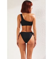 Kadın Bikini Takımı Tek Omuz Kaplı Balensiz Bağlamalı Slip Alt Normal Bel Kolsuz Düz Desen