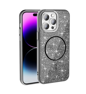 Apple iPhone 14 Pro Max Uyumlu Kılıf M-safe Şarj Özellikli Parlayan Simli Zore Okso Kapak (Siyah)