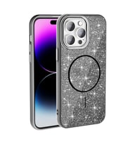 Apple iPhone 14 Pro Max Uyumlu Kılıf M-safe Şarj Özellikli Parlayan Simli Zore Okso Kapak (Siyah)