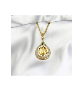 Yeşil Taşlı Gold Damla Tuğra Kolye (Gümüş)
