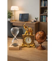 3'lü Dekoratif Ev Ofis Biblo Seti Eskitme Gold Fil Masa Saati Bronz Metal Dünya Küre Kum Saati Seti (Çok Renkli)