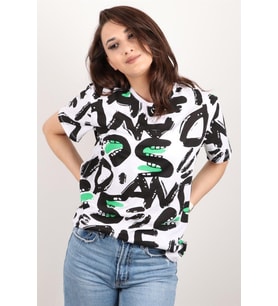 Kadın Baskılı Bisiklet Yaka Oversize T-shirt