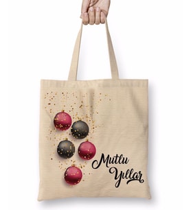 Mutlu Yıllar Noel Topları Bez Çanta Uzun Saplı