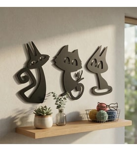 3’lü Dekoratif Kedi Duvar Tablosu MDF Lazer Kesim Modern Duvar Süsü Minimal Kedi Figürlü Dekor