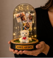 Kişiye Özel LED Işıklı Fanus – Yazılı & 3 Fotoğraflı Biblolu Tasarım