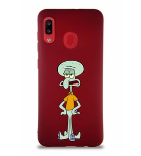 Samsung Galaxy A30 Soft Premier Kapak Squidward Dokunaç Tasarımlı Silikon Kılıf - Mürdüm (Şeffaf)