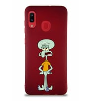 Samsung Galaxy A30 Soft Premier Kapak Squidward Dokunaç Tasarımlı Silikon Kılıf - Mürdüm (Şeffaf)