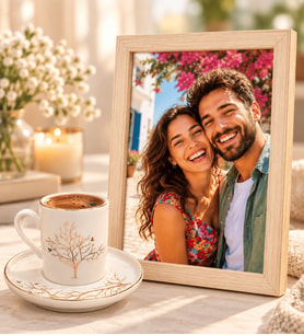Kişiye Özel Fotoğraflı Ahşap Çerçeve ve Hayat Ağacı Porselen Kahve Fincanı Seti