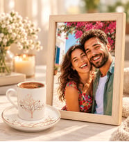 Kişiye Özel Fotoğraflı Ahşap Çerçeve ve Hayat Ağacı Porselen Kahve Fincanı Seti