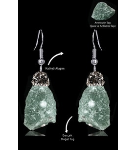 Sertifikalı Zirkon Taşlı Model Ham İşlenmemiş Aventurin Taşı Küpe (Yeşil)