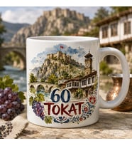 60 Tokat Suluboya Tasarımlı Baskılı Kupa, Tokat Kalesi Tarihi Evler Saat Kulesi Üzüm ve Memleket Temalı Hediye
