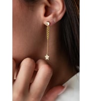 925 Ayar Gümüş Gold Kaplama 5 Mm Tektaş Sallantılı Zincir Zirkon Taşlı Yıldız Küpe