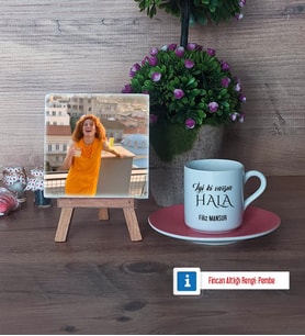 Halaya Hediye Fotoğraflı Dekoratif Taş, Ahşap Altlıklı Türk Kahvesi Fincanı Hediye (Model 6)