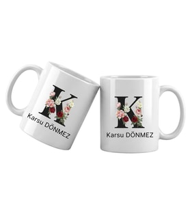 K Harfli Kişiye Özel İsimli Porselen Kupa Bardak – Çiçekli Monogram Harf Tasarımlı İsim Yazılı Kişiselleştirilebilir Hediye Kupa (Beyaz)