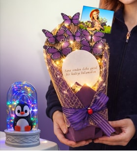 Size Özel Fotoğraflı Led Işıklı Aynalı Kelebek Buketi & Renkli Led Işıklı Fanuslu (Model 9)