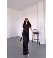 kadın gömlek yaka kemerli geniş paça tulum NBK4197