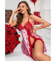Kadın Kırmızı kalp Desenli saten Gecelik 2220