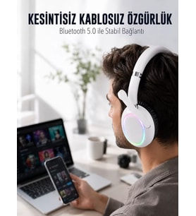 RGB Işıklı Mikrofonlu Bluetooth Kulaklık Beyaz Over-Ear Tasarım Type-C Şarjlı