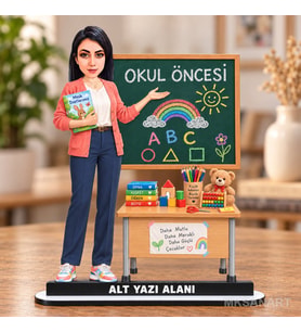 Kişiye Özel Kadın Okul Öncesi Öğretmeni Karikatürlü 18 cm MDF Masaüstü Biblo - Öğretmen Hediyesi Öğretmene Özel Hediye