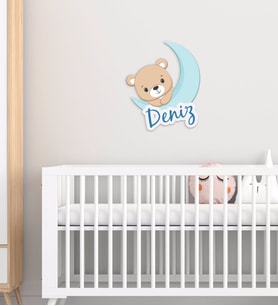 BK Gift Kişiye Özel Sevimli Ayıcık Tasarımlı Çocuk Odası Ahşap Duvar Süsü-3 (Beyaz)