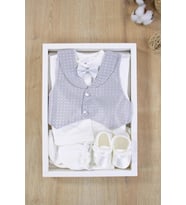 Erkek Bebek Gri Yelekli Papyonlu Mevlit Takımı Lüks Özel Gün ve Mevlütlük Süslü Set 0 - 3 AY STL6860 (Beyaz)
