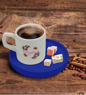 BK Gift Kişiye Özel Mavi Sunum Tabaklı Çiçek Tasarımlı Türk Kahvesi Fincanı Model 15