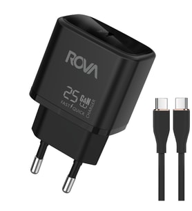 Rova SB123T 25W Type-C Hızlı Şarj Adaptörü + Type-C to Type-C Kablo Seti – Güvenlik Sertifikalı, Siyah