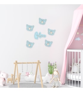 İsimli Ahşap Kelebek Duvar Süsü 5’li Set – Çocuk Odası Dekoru  5 Renk Seçeneği, Kişiye Özel (Bebe Mavisi)