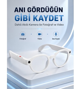 Beyaz Bluetooth Akıllı Gözlük Dahili Kameralı Fotoğraf Video Kayıt Yapay Zeka Çeviri Dokunmatik Kontrol Özellikli