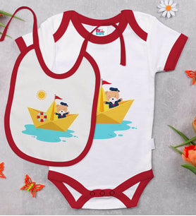 BK Kids Sevimli Kaptan Tasarımlı Kırmızı Bebek Body Zıbın ve Mama Önlüğü Hediye Seti-1