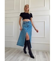 Kadın Önden Yırtmaçlı Denim Etek Buz Mavi