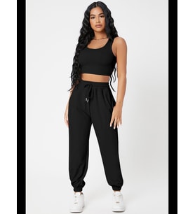 Fantezia Night Kadın Siyah Kaşkorse Cepli Jogger Eşofman Altı ve Crop Top Bluz