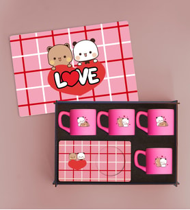 Sevgili Temalı Ahşap Kutulu 4'lü  Pembe Fincan Seti