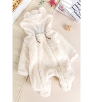 Kapüşonlu Ayıcık Figürlü Welsoft Peluş Kışlık Kız/Erkek Bebek Tulum (Krem)