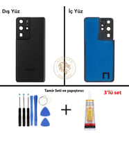 Samsung Galaxy S21 Ultra Siyah Renk Lensli Arka Kapak + Tamir Seti + B7000 Yapıştırıcı Arka Cam Batarya Kapağı Pil Kapağı Lazer Kesim Back Cover Galaxy S21 Ultra Uyumlu
