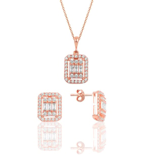 Söğütlü Silver Gümüş rose baget taşlı ikili set