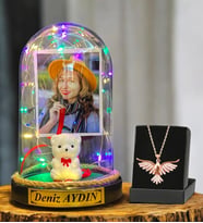 Size Özel Renkli Led Işıklı Fanus ve Zümrüdü Anka Kuşu Kolyesi - Premium Hediye Seti (Model 1)