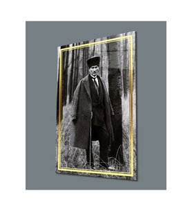 Miyrem Glasses Collection -A1^#  Gold Şerit Siyah Beyaz Atatürk Cam Tablo (Çok Renkli)