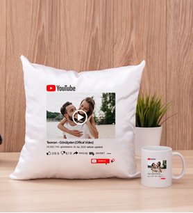 Kişiye Özel Youtube Tasarım Fotoğraflı Kare Yastık ve Beyaz Kupa