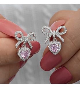 Gümüş Fiyonk Pembe Taşlı Kalpli Çivili Kadın Küpe SL6592
