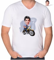 BK Gift Kişiye Özel Erkek Motorcu Karikatürlü V Yaka Tişört-1 (Beyaz)