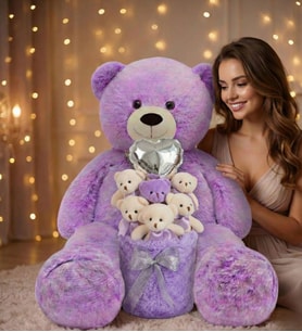Sevgiliye Özel Premium Kalp Balonlu Deluxe Peluş Lila Ayıcık Buketi  90cm Peluş Ayı – Özel Kutulu Tasarım