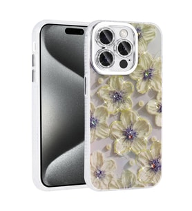 iPhone 14 Pro Max Kılıf Çiçek Desenli Parlak Taşlı Sert Silikon Kapak (Mavi)