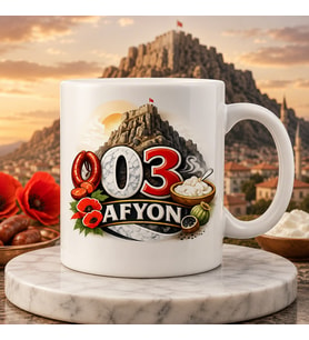 Afyonkarahisar Temalı Hediyelik Kupa Bardak - 03 Plaka ve Şehir Simgeleri Baskılı Özel Tasarım Kupa