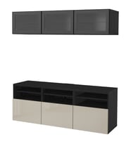 TV Ünitesi, Venge-Parlak Cila-Bej-Şeffaf Cam, 180x42x192 cm, Çıt Çıt Raylı