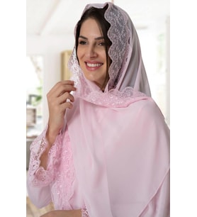 Mecit 0030 Bayan Taşlı Dantelli Şifon Şal Pembe