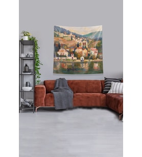 Bej Gölde Kayık Çeken Adam Leke Tutmaz Kadife Kumaş Duvar Örtüsü Duvar Halısı Tapestry