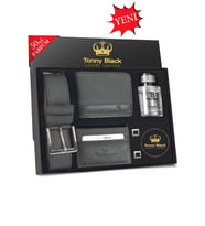 Tonny Black Orijinal Erkek Siyah 5'li Düğün Damat Deri Kemer Cüzdan Kartlık Kol Düğmesi 50ml Parfüm Tbdc00012-01 120CM